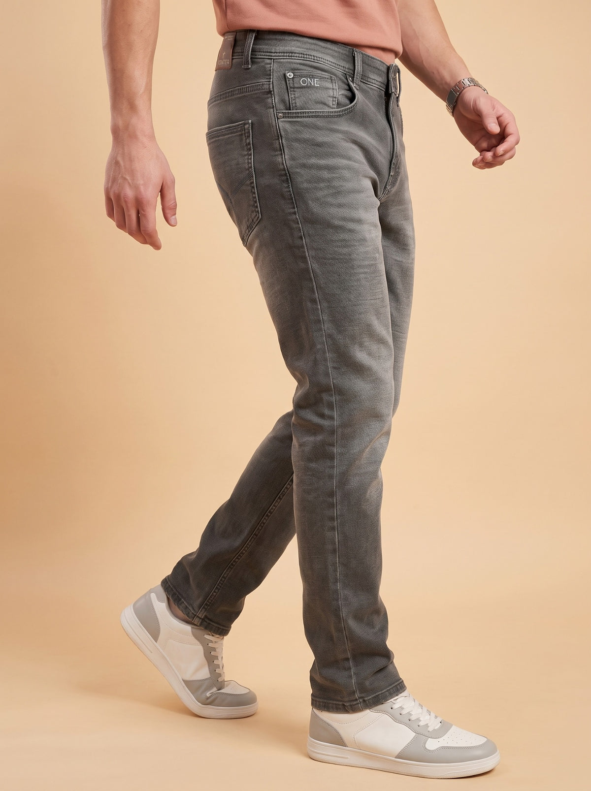 Men's charcoal grey slim fit jeans side view