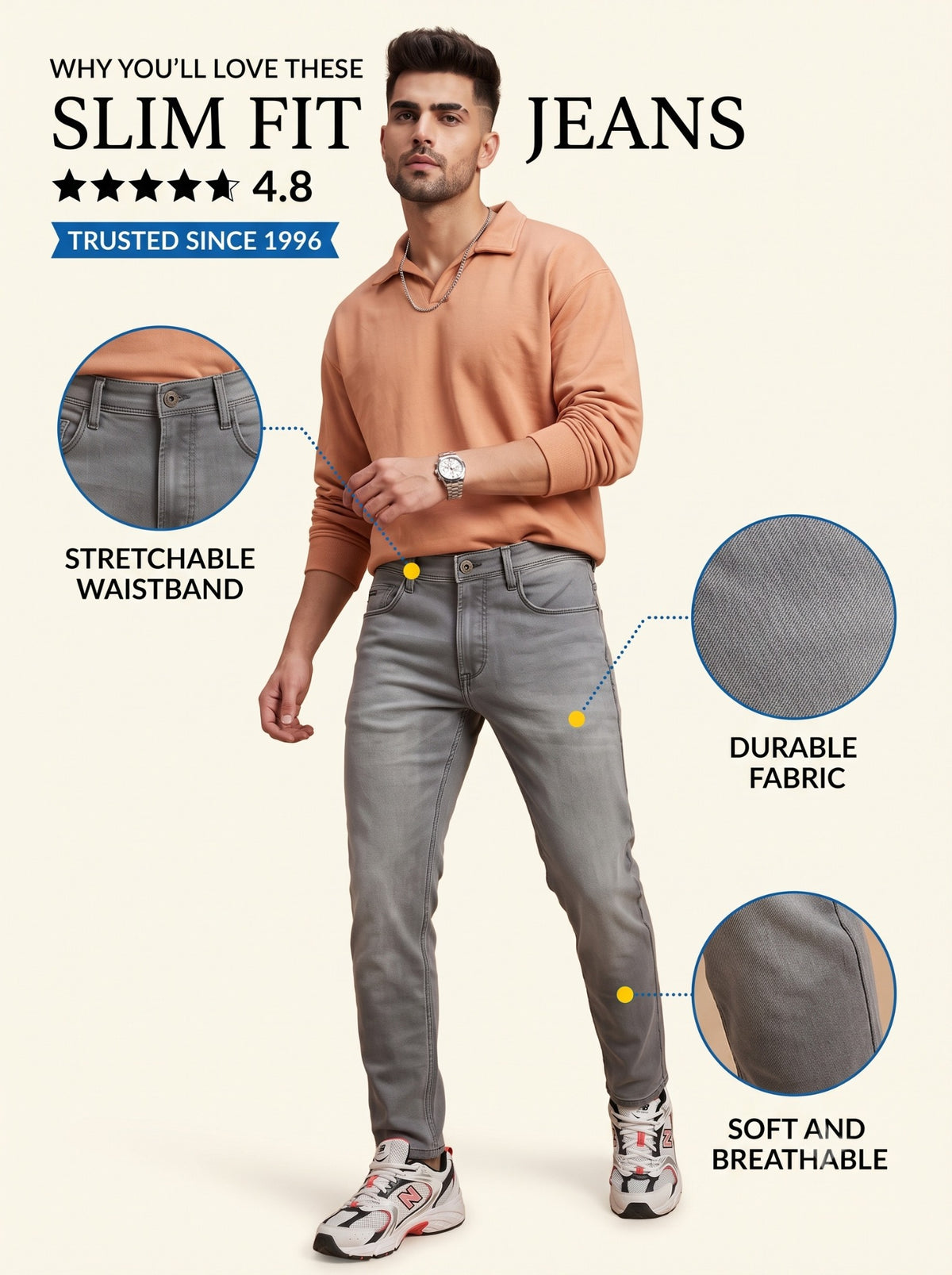 Light grey slim fit jeans features and fit overview
