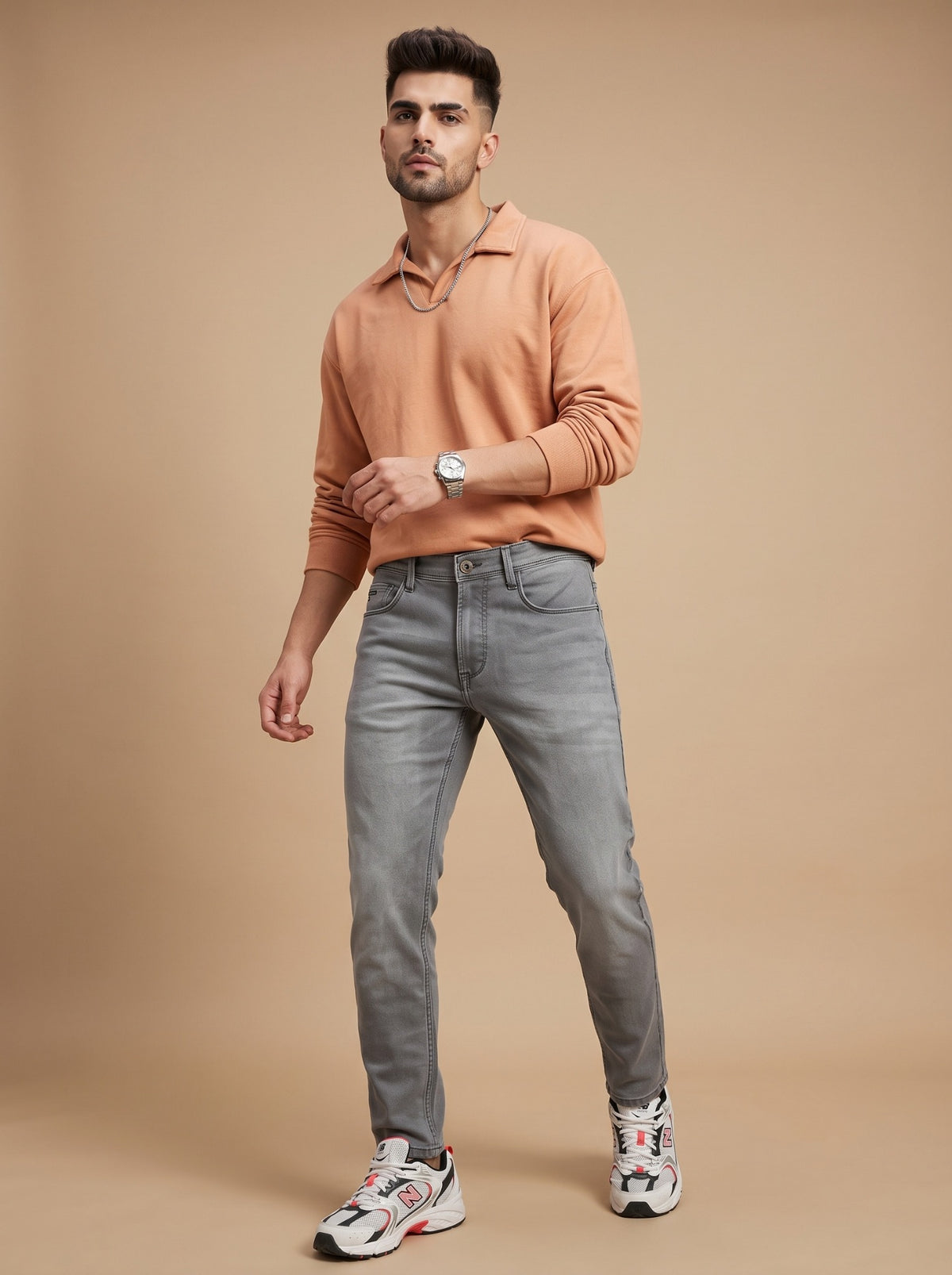 Men's light grey slim fit stretch jeans front view