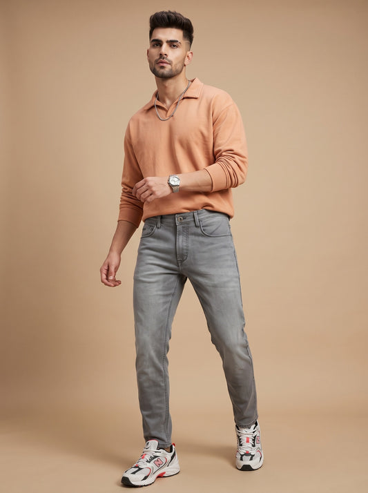 Men's light grey slim fit stretch jeans front view