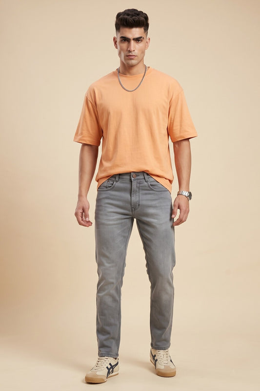 Ash grey straight fit jeans for men, full front view