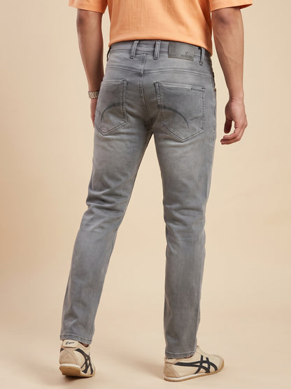 Men's ash grey straight fit jeans, full back view