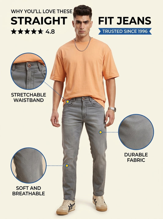 Ash grey straight fit jeans highlighting stretchable waistband, soft feel and durable fabric