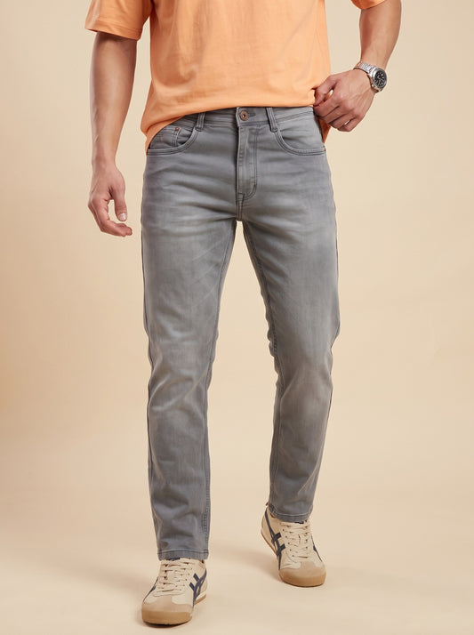 Men's ash grey straight fit jeans, front walking view