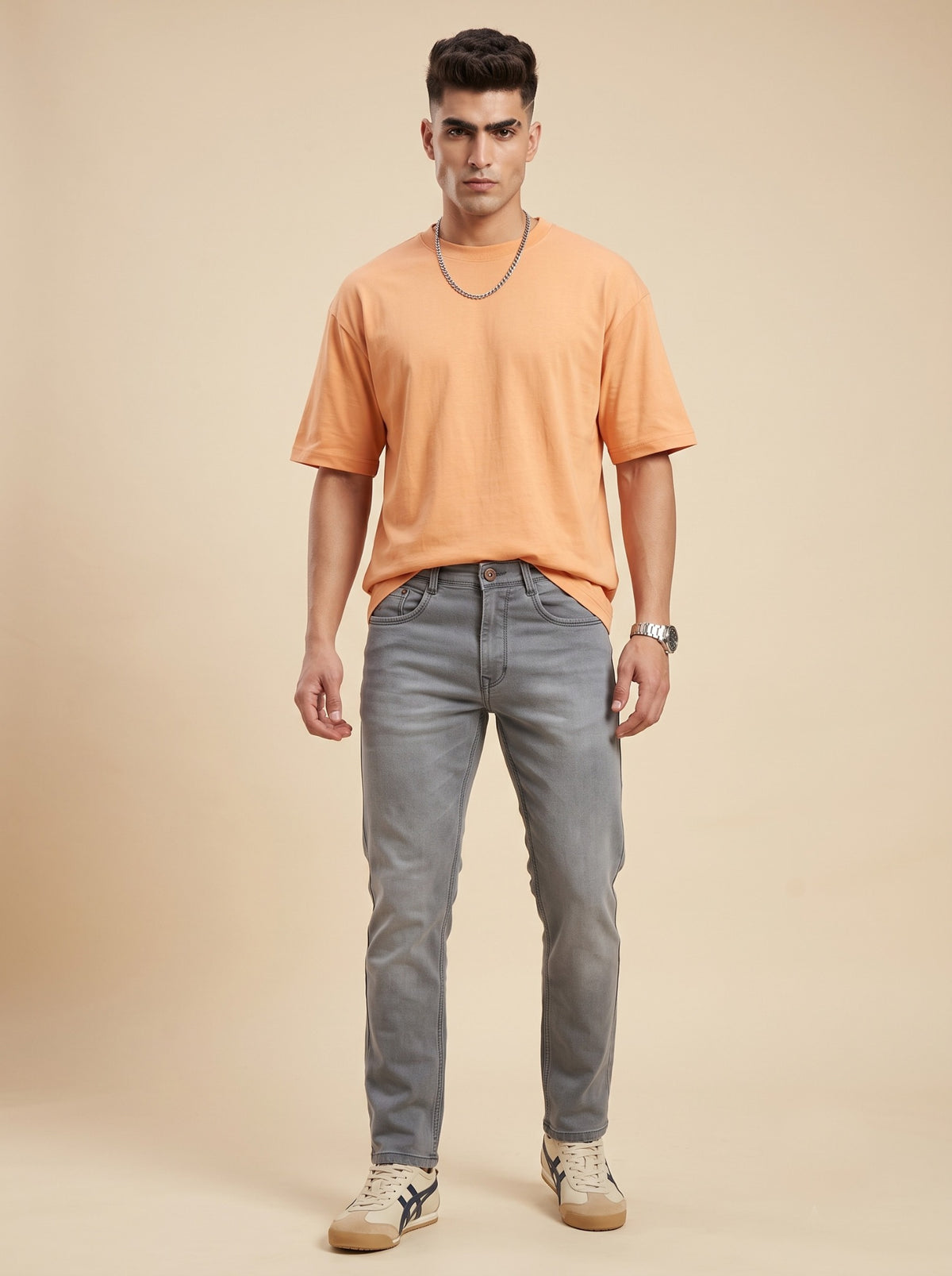 Ash grey straight fit jeans for men, full front view