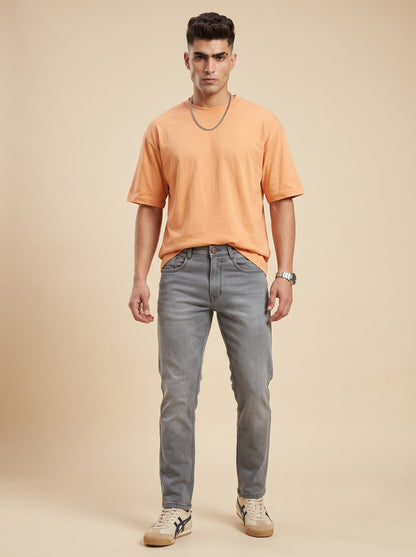 Ash grey straight fit jeans for men, full front view