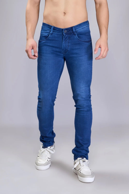 Premium blue denim fabric texture of men’s regular fit jeans.
