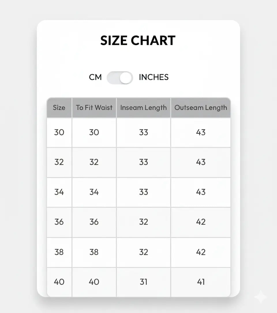 Size chart for blue formal pants including waist, inseam and outseam lengths for proper fit selection
