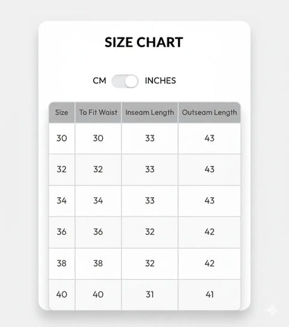 Size chart for blue formal pants including waist, inseam and outseam lengths for proper fit selection
