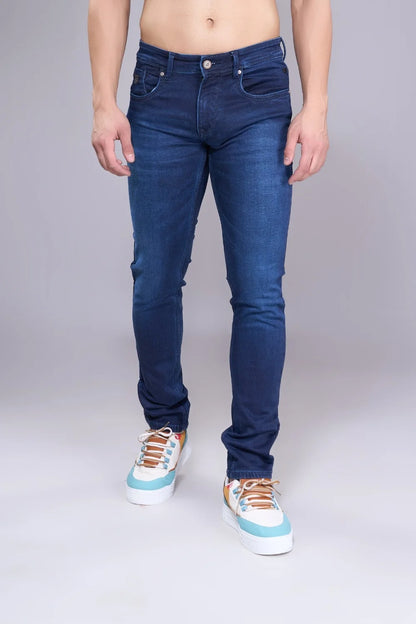Blue regular fit jeans for men – front pose showcasing straight-leg denim.
