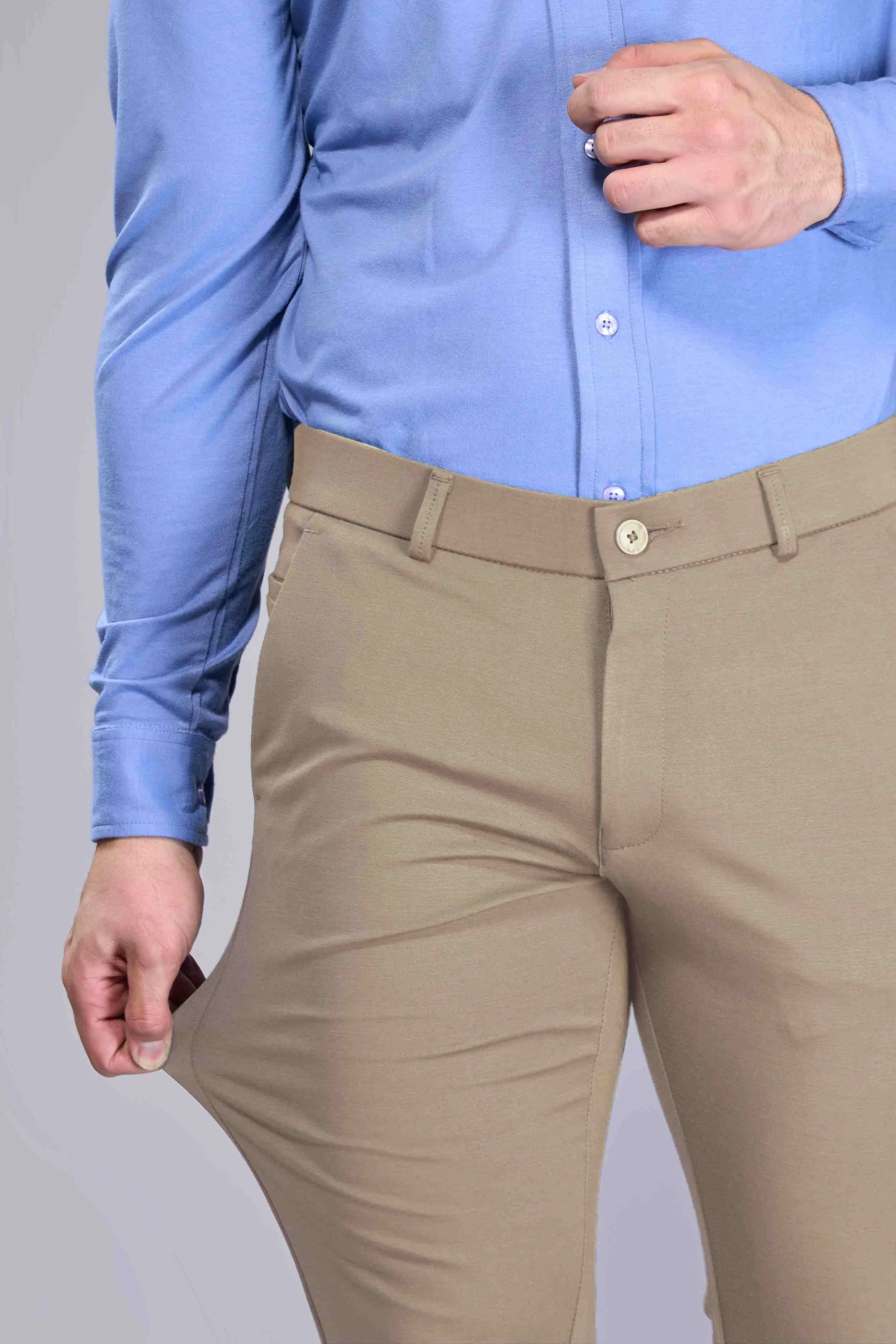 Lightweight breathable khaki trousers suitable for warm-weather wear
