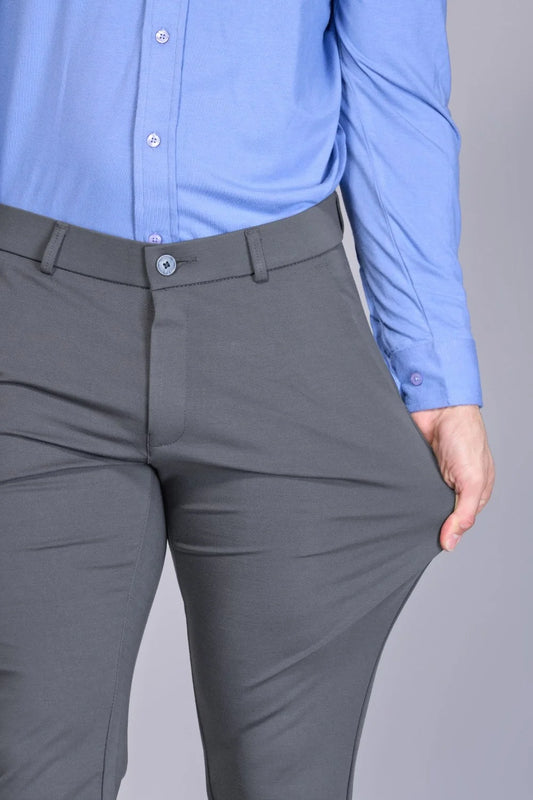 Breathable performance trousers in pale grey built for long-wear comfort
