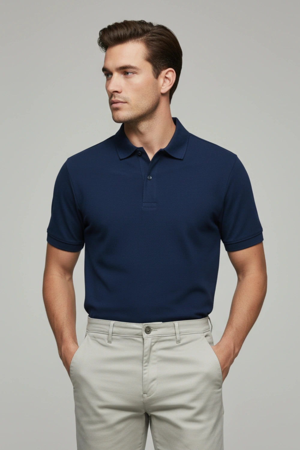 Light grey cotton pants styled casually with a dark blue t-shirt