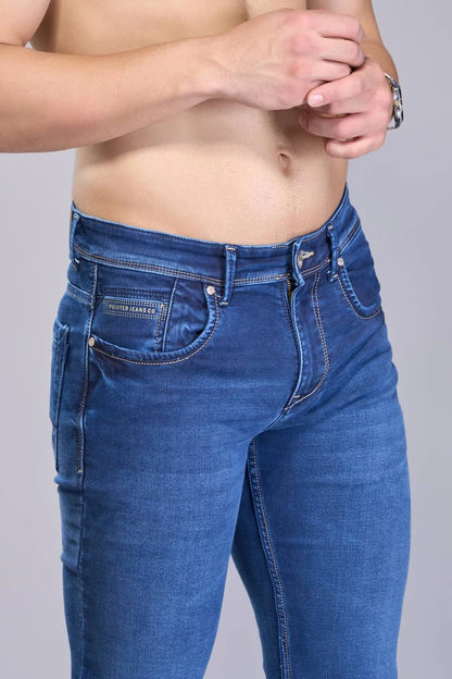 Men’s regular fit classic blue denim jeans side pose
