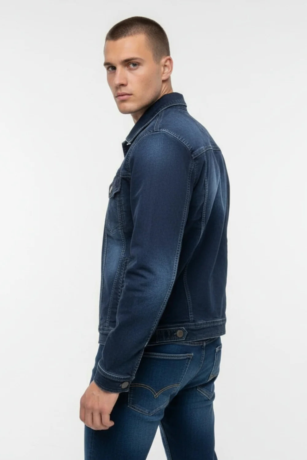 Classic blue trucker-style jacket outfit
