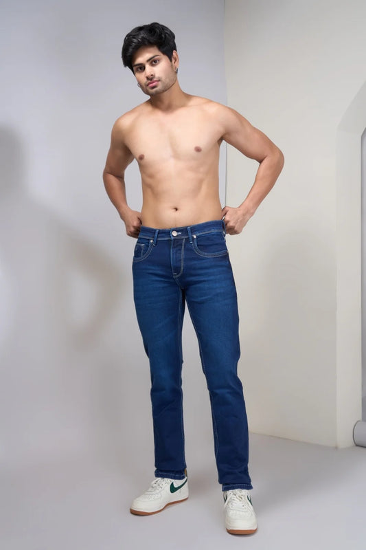 Model wearing classic regular-fit blue denim designed for daily comfort
