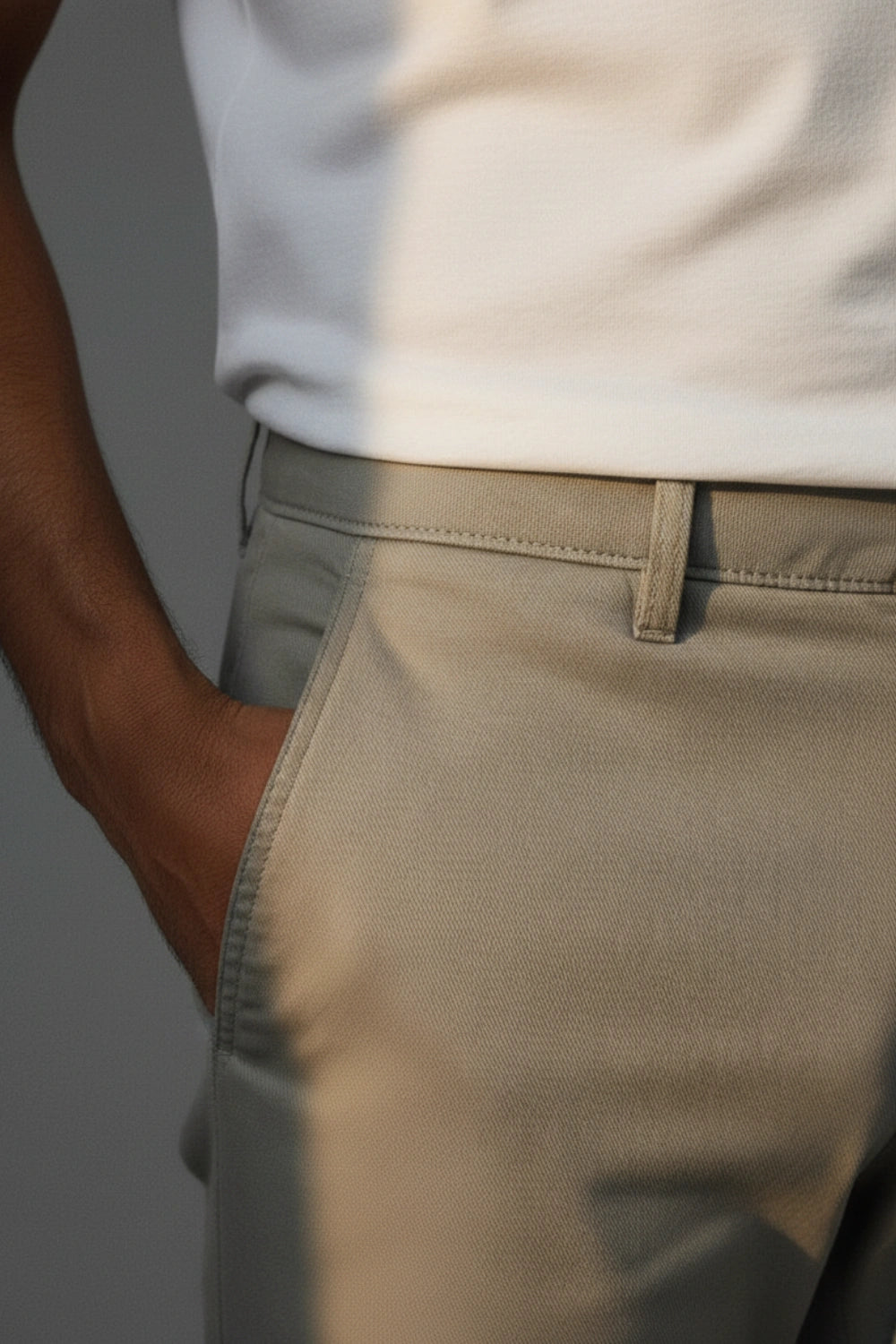 person wearing cotton pants and a white shirt