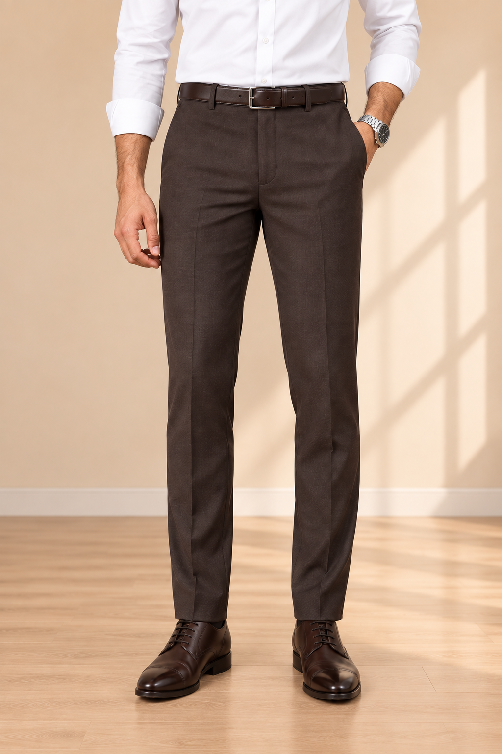 Coffee Brown Slim Fit Formal Pants for Men – front product view