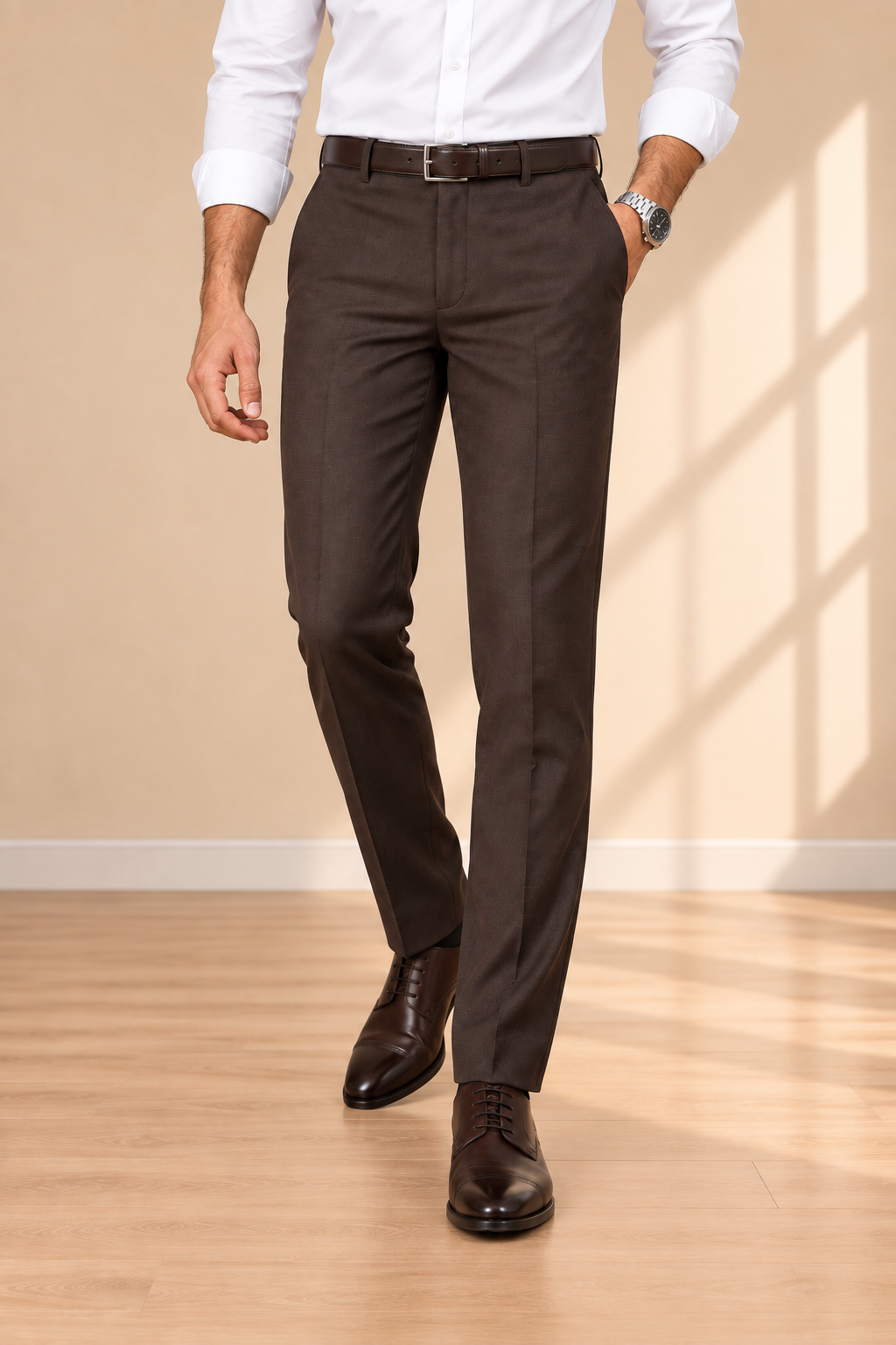 Coffee Brown Slim Fit Formal Pants for Men – walking view