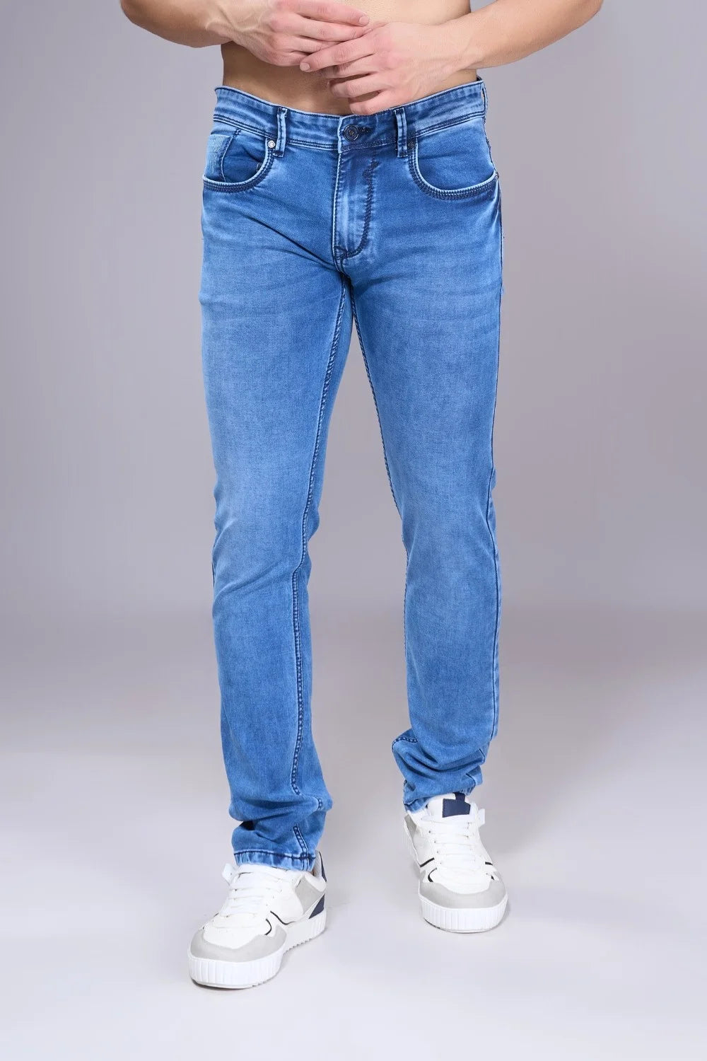 Close-up of comfortable ice blue denim designed for daily wear
