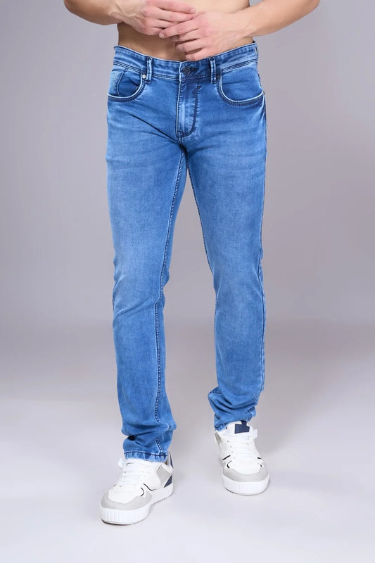 Close-up of comfortable ice blue denim designed for daily wear
