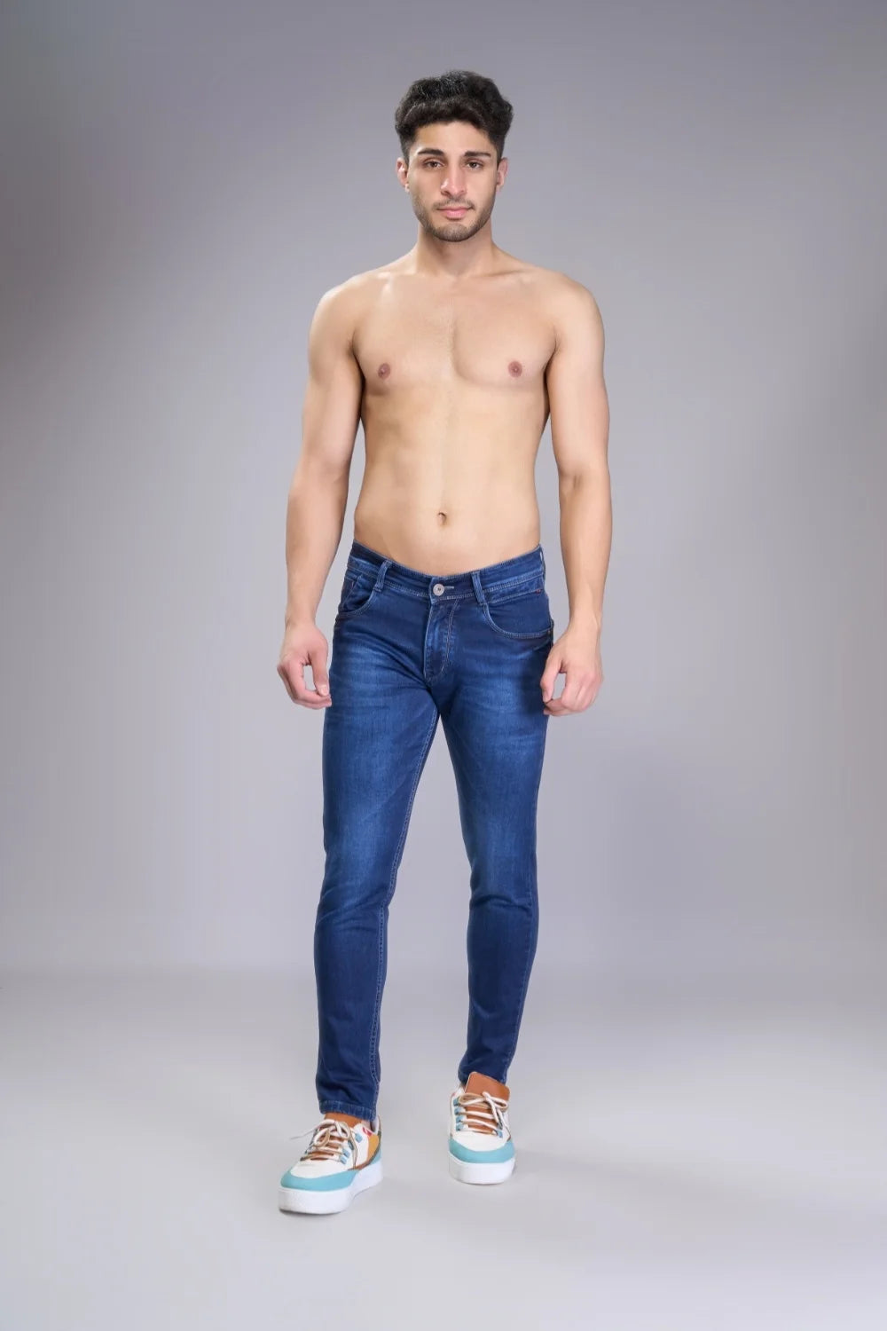 Front view of Dark Blue ankle length jeans for men
