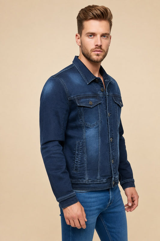 Dark blue denim jacket for men on warm beige studio background