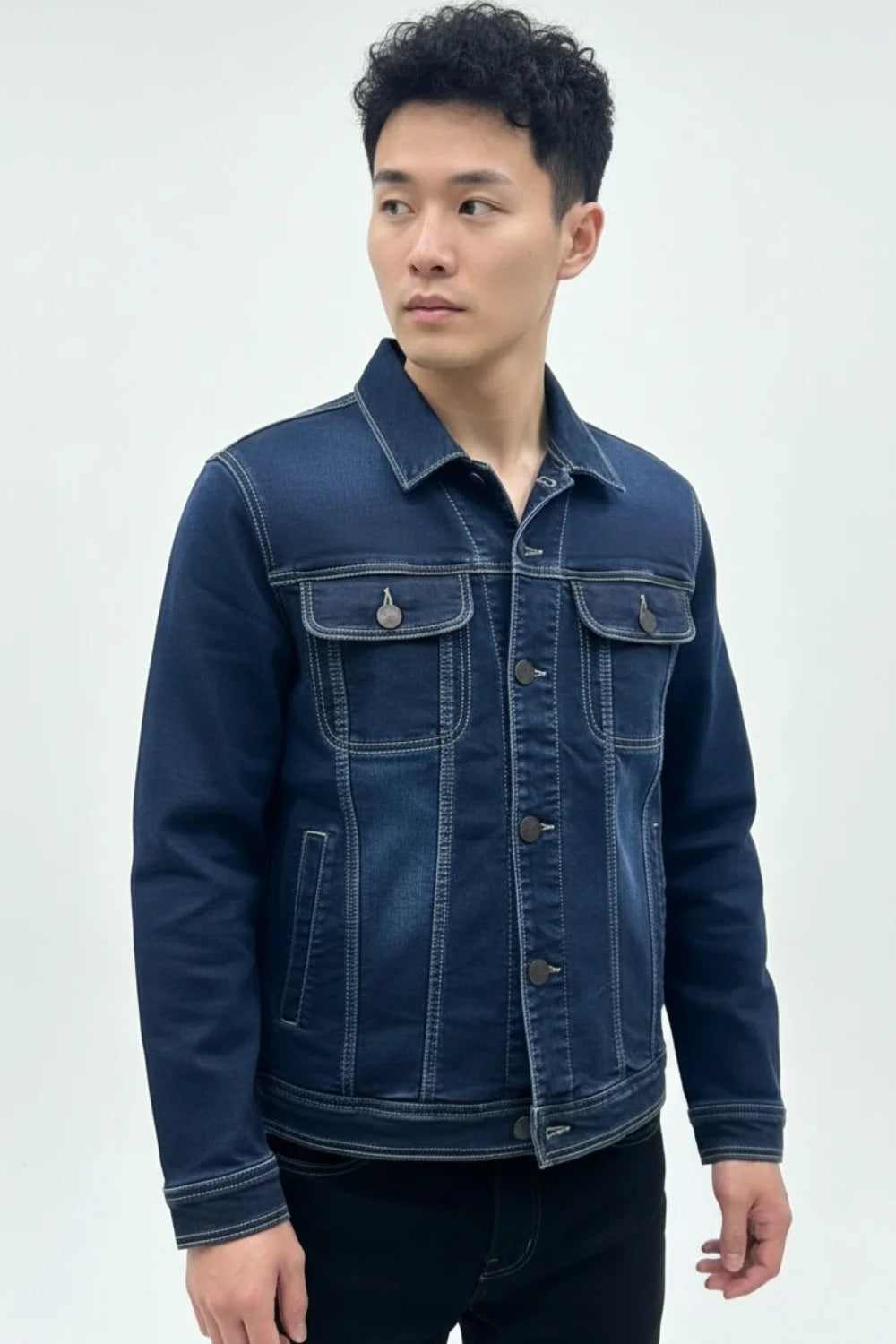 Front view of dark blue denim jacket for men
