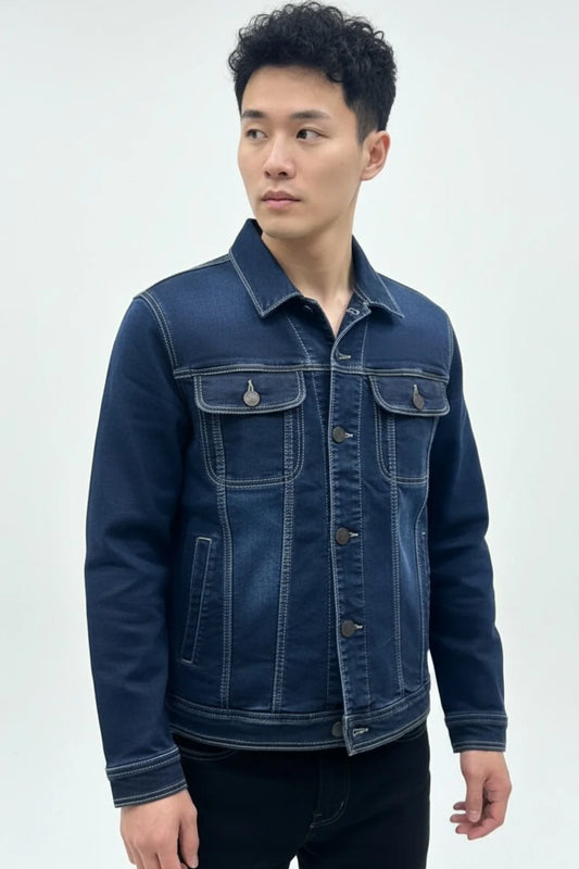 Front view of dark blue denim jacket for men
