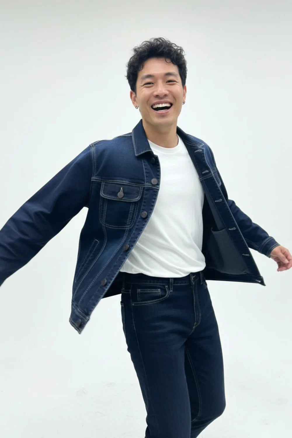 Men’s outfit styled with a dark blue denim jacket
