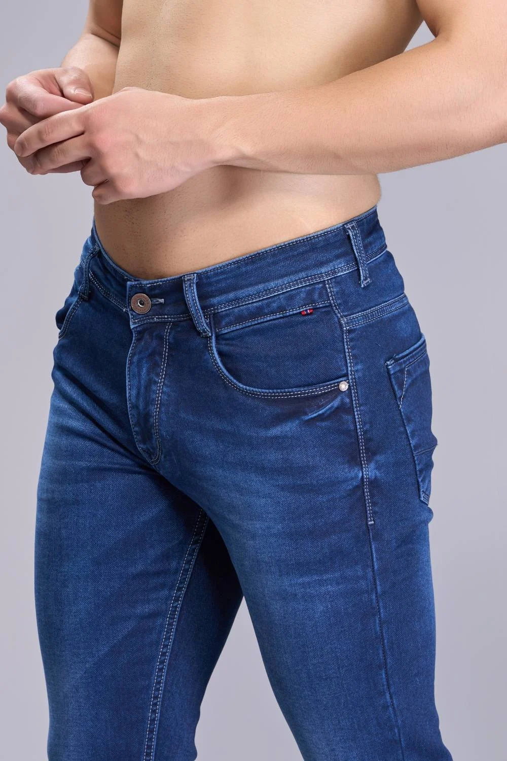 Side profile of men's Dark Blue ankle length jeans
