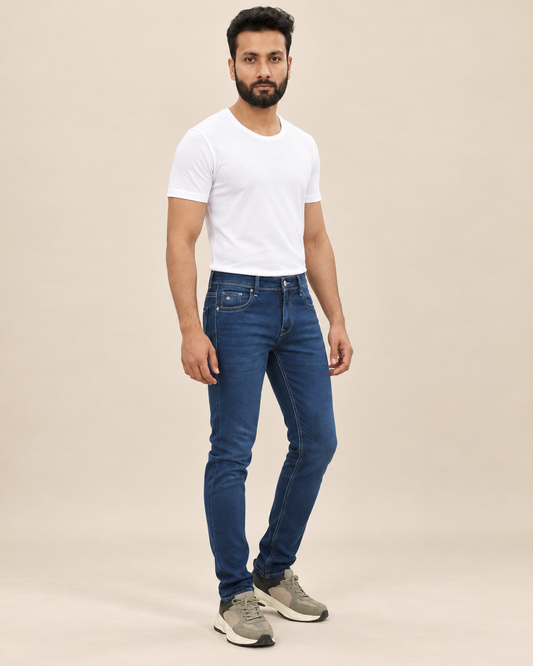 Dark Blue Slim Fit Jeans for Men – three-quarter view