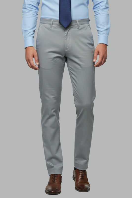 Full view of a man wearing dark grey cotton pants 