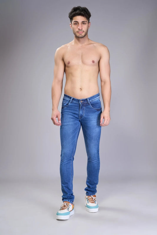 Front display of men’s dark navy blue regular fit jeans
