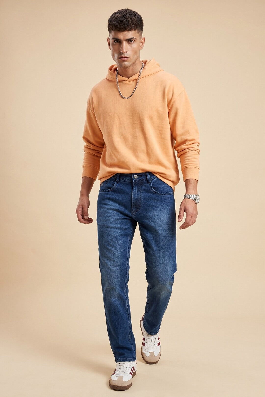 Deep indigo straight fit jeans for men, full front view
