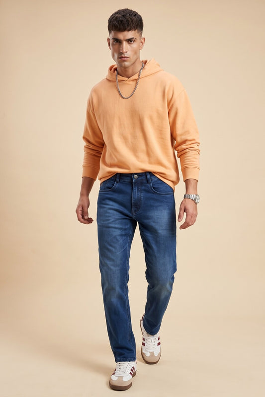 Deep indigo straight fit jeans for men, full front view