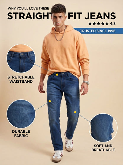 Deep indigo straight fit jeans highlighting stretchable waistband, soft feel and durable fabric
