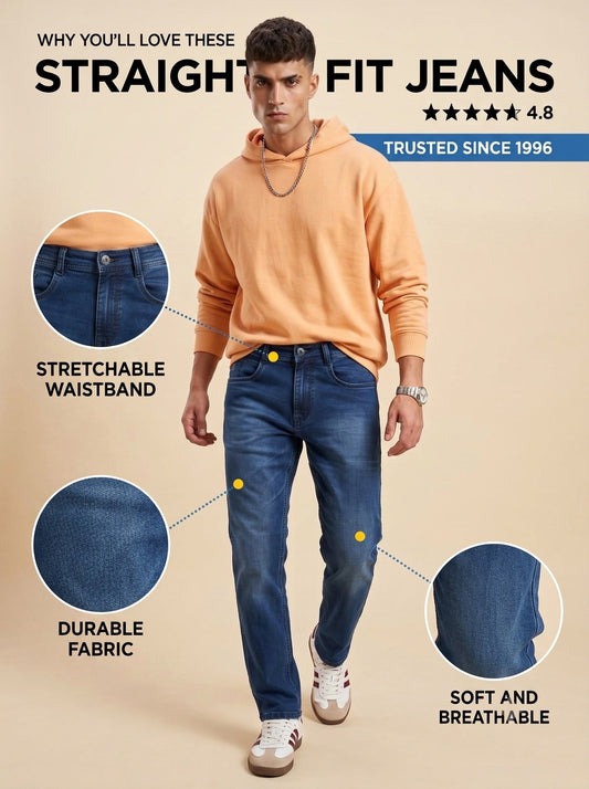 Deep indigo straight fit jeans highlighting stretchable waistband, soft feel and durable fabric