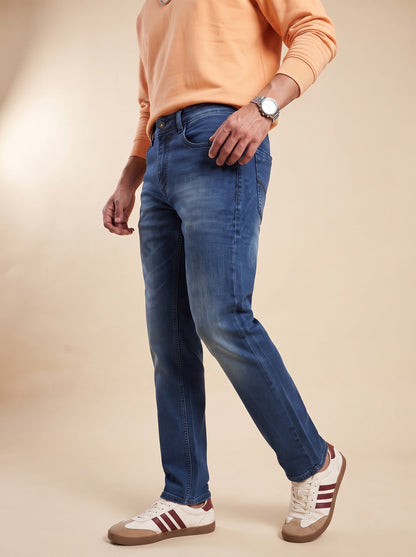 Deep indigo straight fit denim jeans for men, side view
