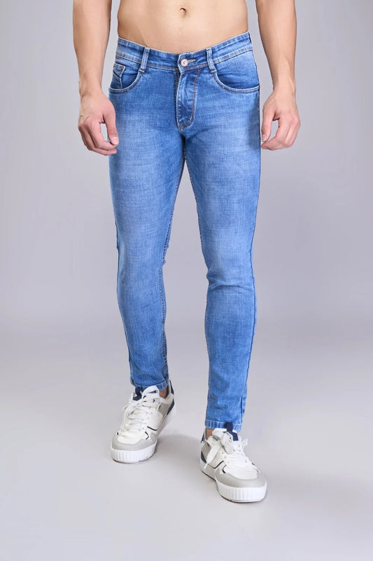 Four outfit combinations showcasing versatility with light blue denim
