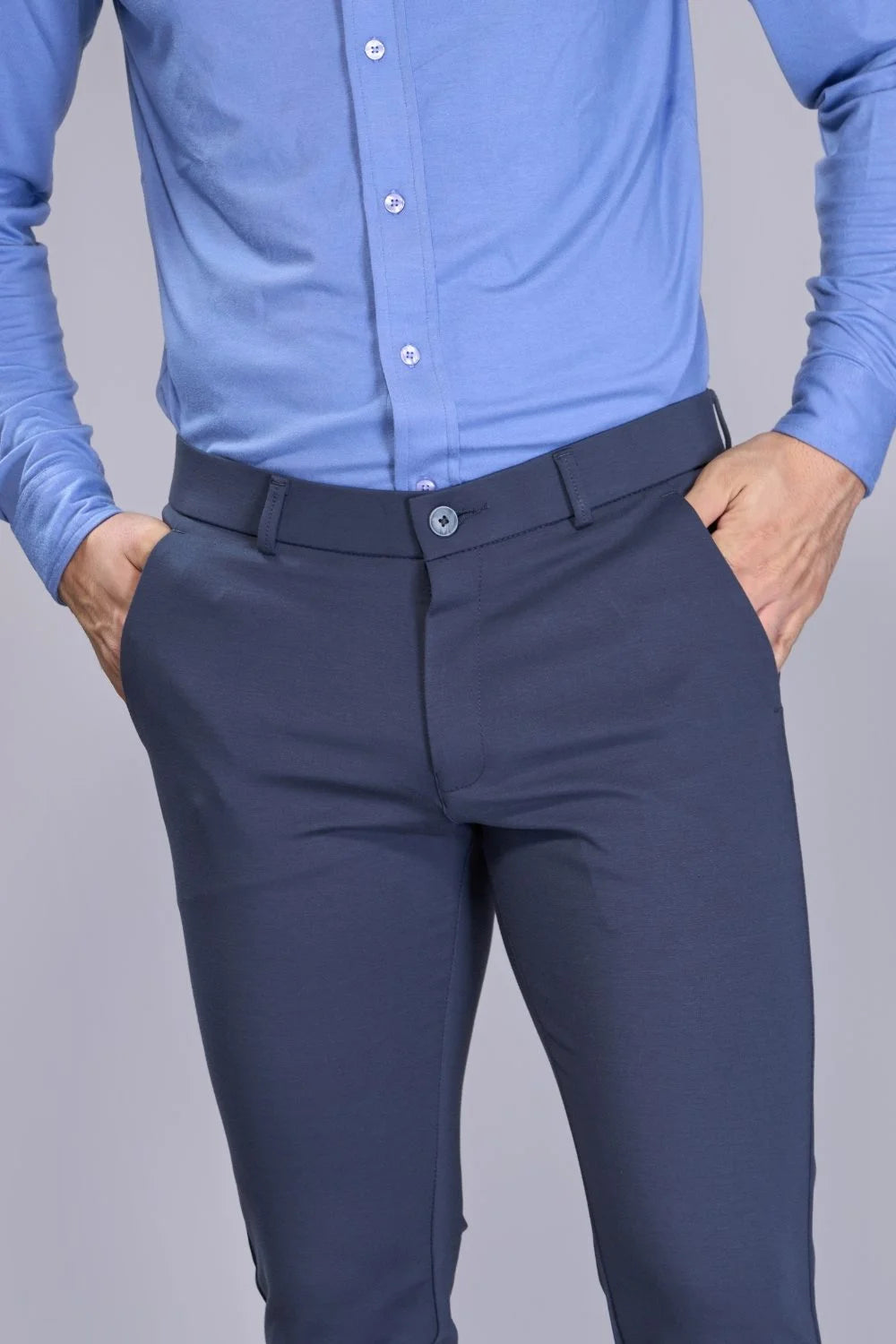 Flexible grey pants ideal for commuting, travel and casual wear
