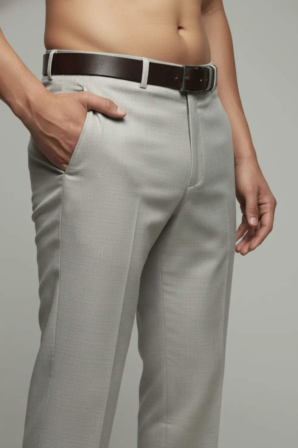 Light gray white pants with a brown belt on a plain background