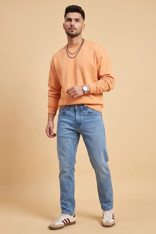 Light blue straight fit jeans for men, full front view
