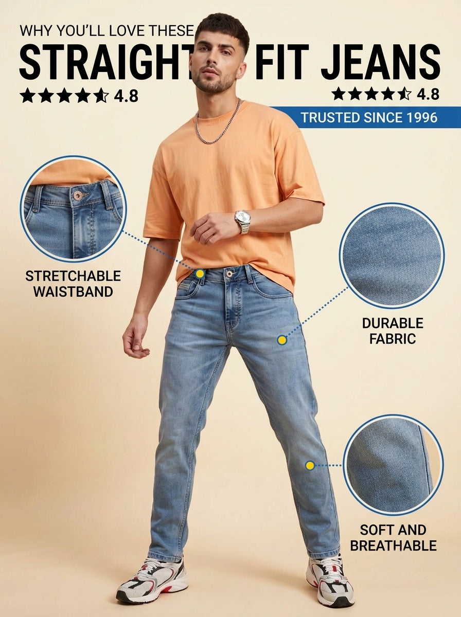Light blue straight fit jeans highlighting stretchable waistband, soft feel and durable fabric