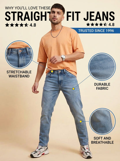 Light blue straight fit jeans highlighting stretchable waistband, soft feel and durable fabric