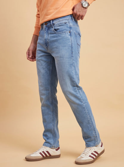Light blue straight fit denim jeans for men, side view