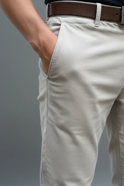 Close-up of light grey cotton pants with a brown belt on a gray background 