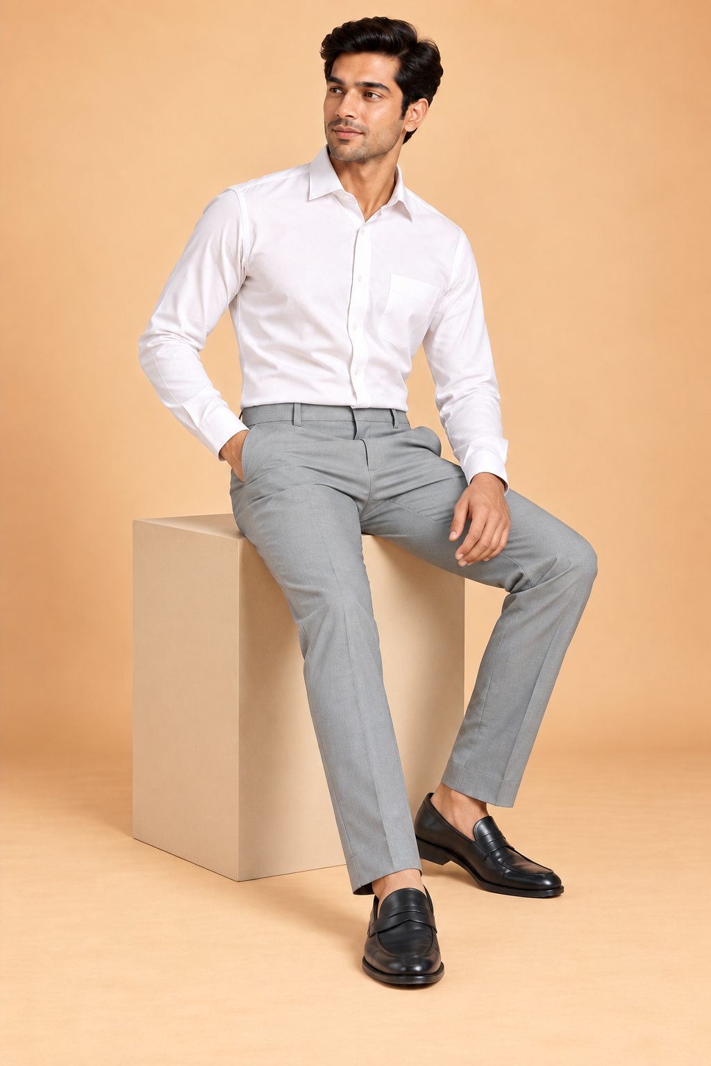Light grey slim fit formal pants for men 4462-D – seated view