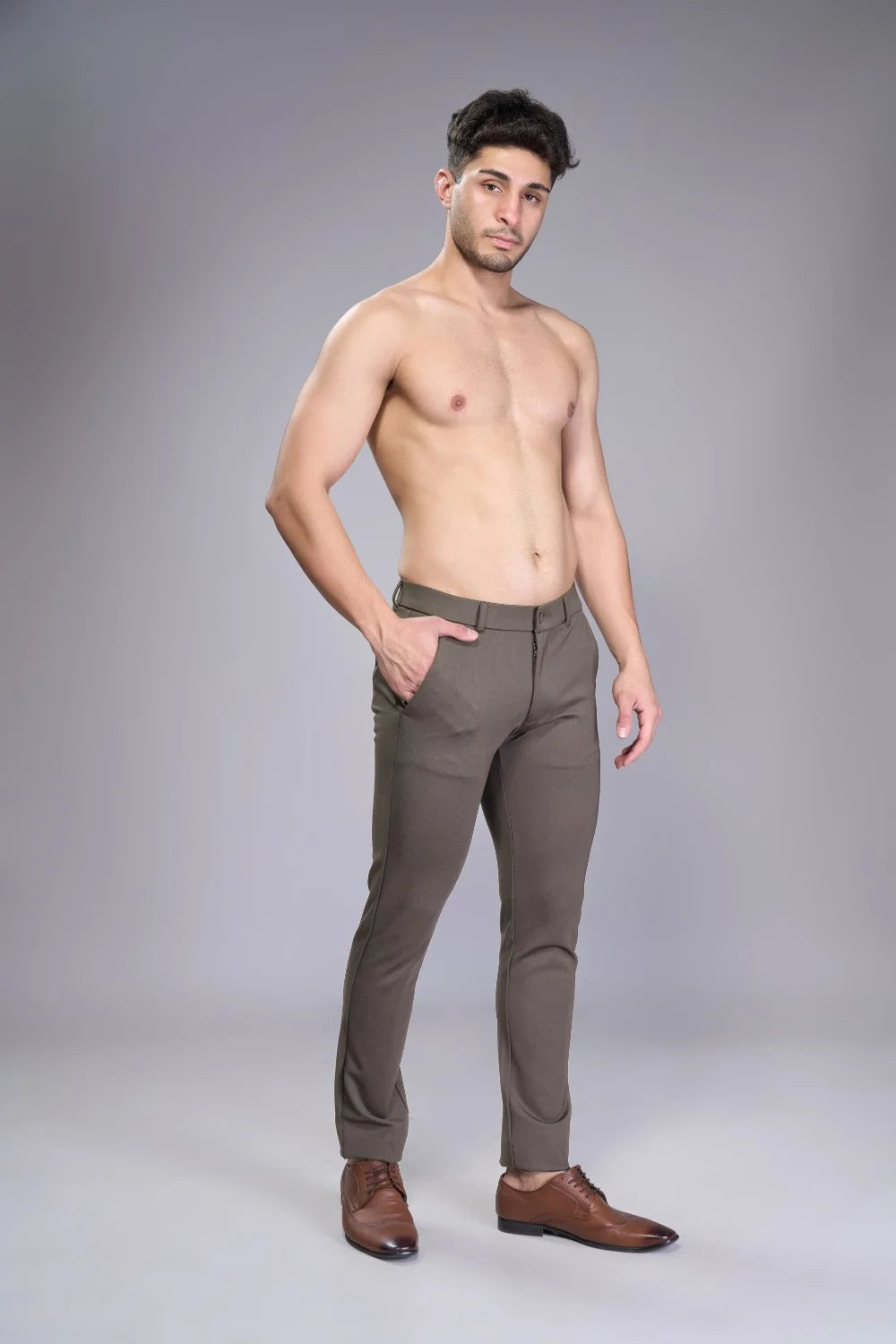 Low-crease modern fit trousers in beige suited for work or casual use
