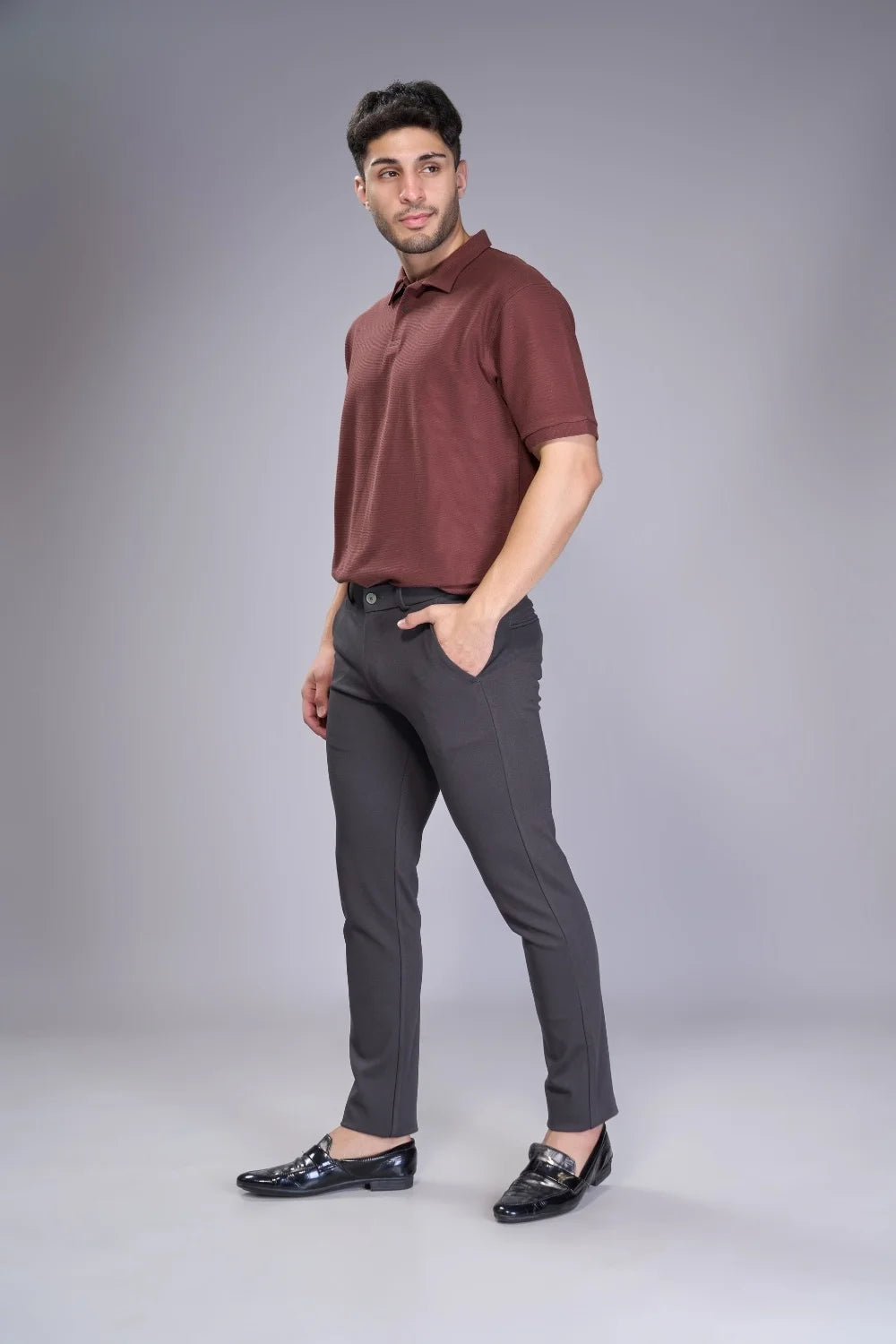 Low-crease storm-grey work pants ideal for frequent wear and low maintenance
